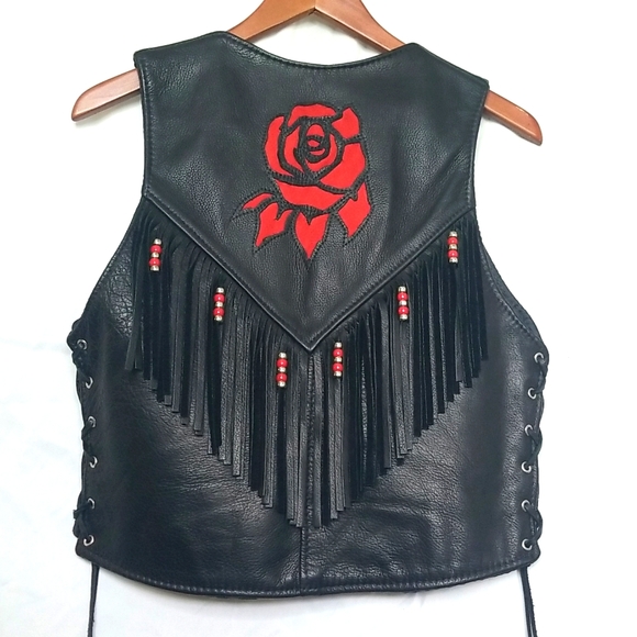 TRD Vintage Leather Vest With Roses and Beaded Fringe, Women Size Large. - Picture 2 of 16